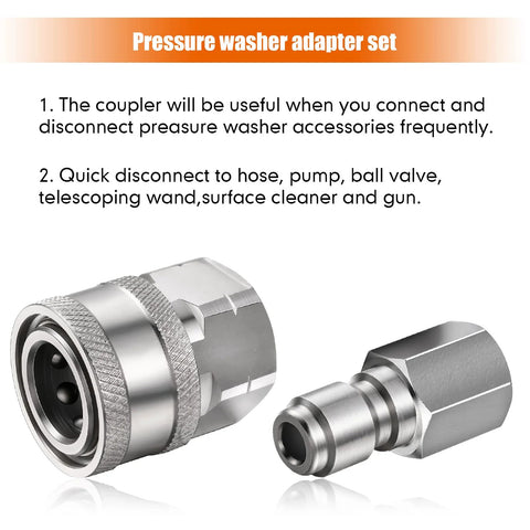 Two chrome-plated 1/4-inch NPT pressure washer quick-connect fittings, male and female.