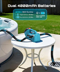 Badass Cordless Transfer Pump For Water And Diesel 760 GPH With 65 Foot Lift And Dual 4.0 Ah Batteries on table by hot tub with hose.