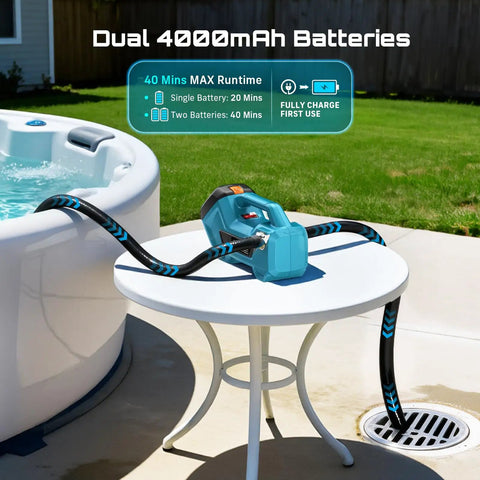 Badass Cordless Transfer Pump For Water And Diesel 760 GPH With 65 Foot Lift And Dual 4.0 Ah Batteries on table by hot tub with hose.