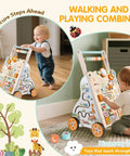 Hella Sturdy Wooden Baby Walker With Ten Interactive Montessori Activities Bead Maze Xylophone And Mirror Completely Legit Push Cart For Toddler Balance And Skill Building Fun with child using it.