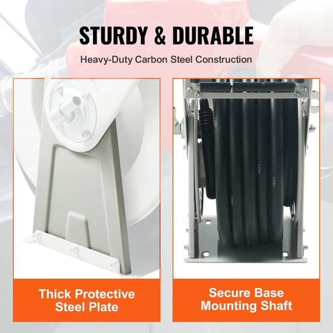 Heavy Duty 1 Inch By 33 Foot Fuel Hose Reel with carbon steel construction, protective steel plate, and mounting shaft