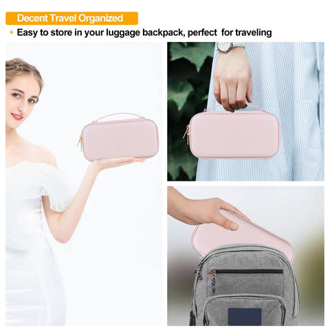 Carrying Case For Portable Handheld Nebulizer And Inhaler Spacer, Star Pink travel case shown in hand and fitting into backpack