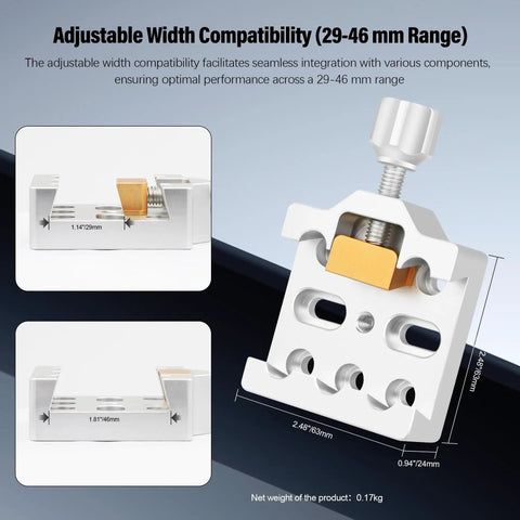 Medium Dovetail Clamp With Brass Screw Mount Plate adjustable width for telescopes, shown with compatibility details.