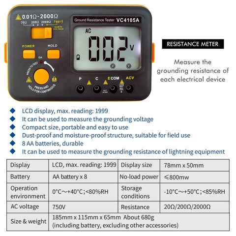 Earth Resistance Tester With 3 Resistance Ranges 20 Ohms, 200 Ohms, And 2000 Ohms, Digital Grounding Meter Up To 750 Volts AC