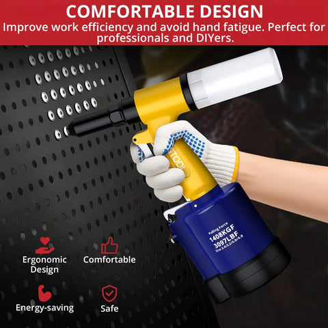 Heavy Duty Pneumatic Rivet Gun With Four Swappable Nozzles For Aluminum Steel Iron Fasteners held against a metal surface.