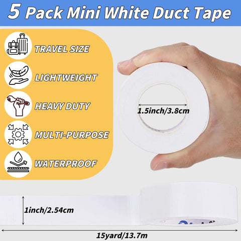 Grab And Go Pocket Size Mini White Duct Tape Pack 5 Rolls Of 1 Inch By 15 Yards Each Portable Heavy Duty Waterproof Tape No Residue