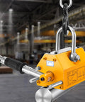 Heavy Duty 4400 Lbs Lifting Magnet With Release For Hoist And Shop Crane in a warehouse setting, yellow N42 magnet.