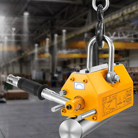 Heavy Duty 4400 Lbs Lifting Magnet With Release For Hoist And Shop Crane in a warehouse setting, yellow N42 magnet.