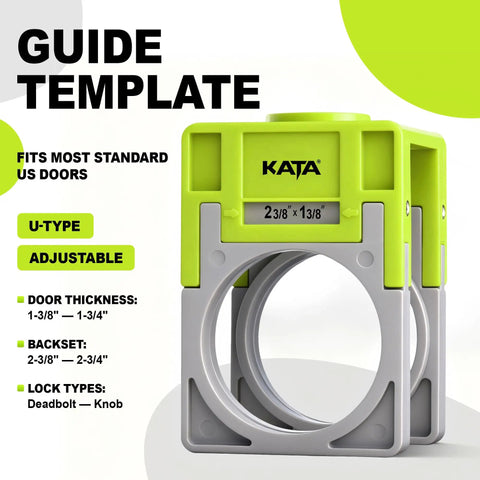 Door Lock Installation Kit For Metal And Wood Doors With Adjustable Guide Template and Dimensions Displayed