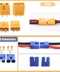 All In One RC Connector Kit For RC Models Diy Featuring T Plug EC3 XT60 Servo Plugs And Crimp Pins With 14 AWG Silicone Wire Heat Shrink Tubes Includes 22 AWG Cables And 111 Pieces Plug And Play Ready showing XT60 and EC3 connectors