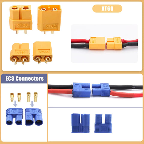 All In One RC Connector Kit For RC Models Diy Featuring T Plug EC3 XT60 Servo Plugs And Crimp Pins With 14 AWG Silicone Wire Heat Shrink Tubes Includes 22 AWG Cables And 111 Pieces Plug And Play Ready showing XT60 and EC3 connectors