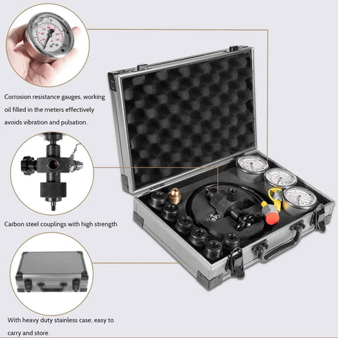 Hydraulic Nitrogen Accumulator Pressure Test Kit With 3 Gauges And 7 Adapters For 10 25 40 MPa And 1500 3600 6000 PSI in case