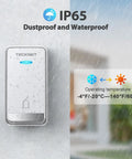Wireless Doorbell Kit With Plug Through Design IP66 Waterproof 1300 Feet Range Cordless Chime 60 Ringtones And 5 Level Volume 0 To 110 dB Doorbell For Home Or Classroom shown in rain and temperature range