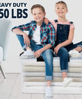 Kids sitting on Super Sized 3 Pack Heavy Duty Waterproof Plastic Stackable Storage Totes 90 Quarts Locking Bins with see-thru fronts.