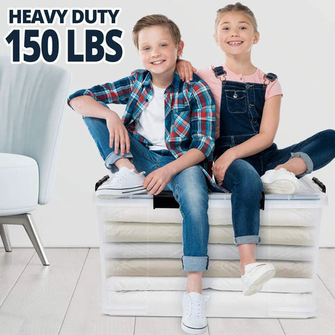 Kids sitting on Super Sized 3 Pack Heavy Duty Waterproof Plastic Stackable Storage Totes 90 Quarts Locking Bins with see-thru fronts.