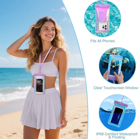 Woman at beach with 3-In-1 Iridescent Clear Beach Tote Set With Zipper Waterproof Phone Pouch And Makeup Bag For Women Must-Have.