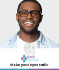 D Shape Silicone Screw In Nose Pads For Glasses 13MM Small 10 Pairs on display with smiling man wearing glasses.