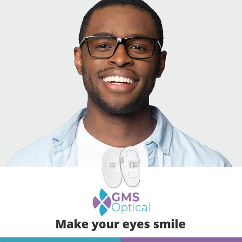 D Shape Silicone Screw In Nose Pads For Glasses 13MM Small 10 Pairs on display with smiling man wearing glasses.
