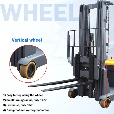 Heavy Hitter Electric Counterbalanced Stacker And Warehouse Material Lift Packing 3300 Lb Load, 177 Inch Max Height, Wide Forks, And Built Like Tank German Steel Mast