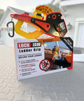 Roof Ladder Stabilizer Hook For Gutter With Slide Lock on packaging with instructions, outdoor background