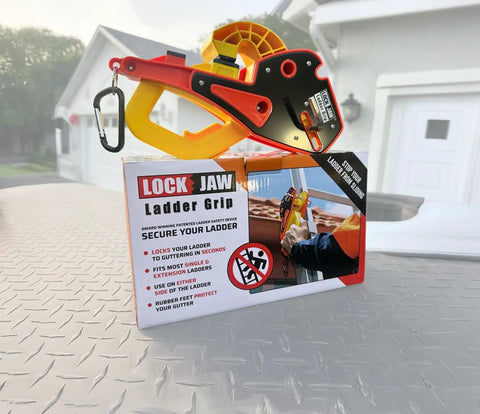 Roof Ladder Stabilizer Hook For Gutter With Slide Lock on packaging with instructions, outdoor background