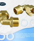 Solid Brass 90 Degree Elbow Connector One-Half Inch Male To One-Half Inch Female With Washer Swivel Fit For Water Lines No Leaks Easy Hand-Tight Seal Durable Well-Made Brass Fittings Built To Withstand Continuous Use. 2-pack brass 90-degree elbow fittings with washers