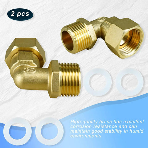Solid Brass 90 Degree Elbow Connector One-Half Inch Male To One-Half Inch Female With Washer Swivel Fit For Water Lines No Leaks Easy Hand-Tight Seal Durable Well-Made Brass Fittings Built To Withstand Continuous Use. 2-pack brass 90-degree elbow fittings with washers