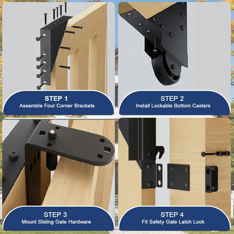 Sliding Gate Hardware Kit For Wood Gates 1.5 to 2 Inches Anti Sag Beefed Up With Galvanized Steel Track Frame And Reinforced Corner Braces For Stable, Deformation-Resistant Performance Easy Install, corner bracket assembly steps