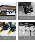 Industrial bar cart with metal frame and two removable wooden trays, wine rack and glass holder, 360° lockable wheels