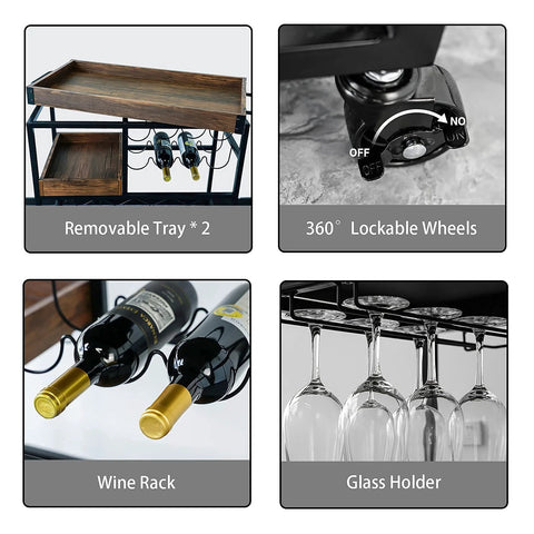 Industrial bar cart with metal frame and two removable wooden trays, wine rack and glass holder, 360° lockable wheels