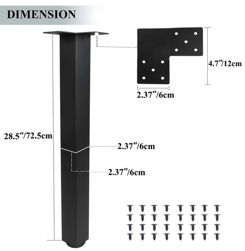 Heavy Duty Adjustable Table Leg Set Of 4, 28 Inch Square Metal Desk And Coffee Table Legs, Height Adjustable To 30 Inches, Black Finish, Strong 6 Cm Steel Construction, detailed view with measurements and screws shown.