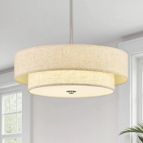 White Semi Flush Mount Ceiling Light Fixture With 12 Inch Drum Chandelier, 3 Light Fixture, double tier fabric shade, modern style