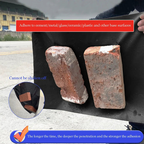 Hella Tough Self Adhesive Roof Tape With Thick Aluminum Foil Backing showing bricks adhered to a surface demonstrating adhesion efficacy.