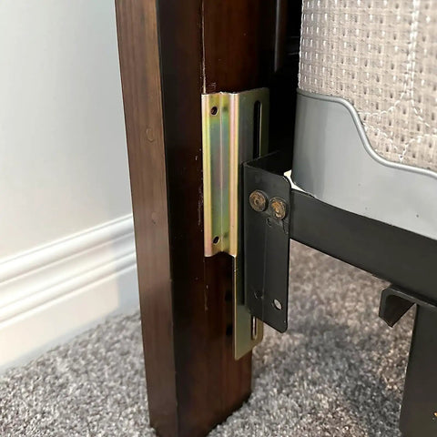 Four Piece Bed Frame Conversion Bracket Kit Featuring Sweet Headboard Swap Hardware attached to vintage bed frame and metal connector.
