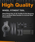 Universal 5 Lug Wheel Fitment Tool And Offset Simulator For Trucks And SUVs Checks Fender And Suspension Clearance components showing various measuring tools and attachments.
