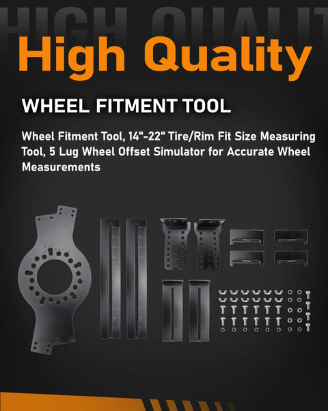 Universal 5 Lug Wheel Fitment Tool And Offset Simulator For Trucks And SUVs Checks Fender And Suspension Clearance components showing various measuring tools and attachments.