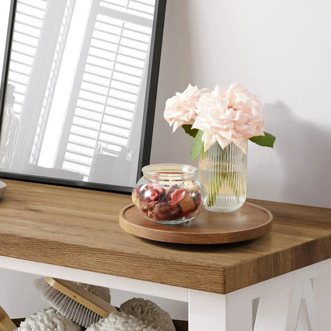 9 Inch Acacia Wood Lazy Susan Turntable Organizer on table with flowers and jar in living room setup