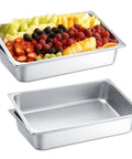 4 Pack Full Size Hotel Pans 1/1 Deep 4 Inch Heavy Duty Stainless Steel Food Pans shown with fruit, ideal for catering.