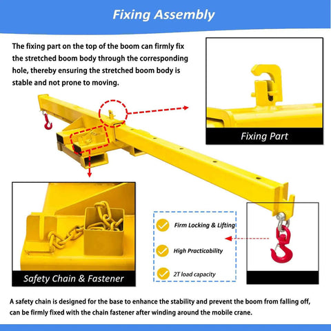 Fixing assembly of Tough As Nails Two Ton Forklift Jib Crane with safety chain and fastener for stable lifting.