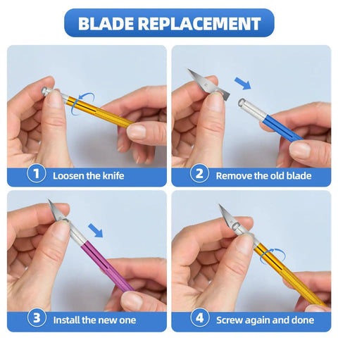 Steps for replacing blades in 3 Piece Exacto Knife Kit With 30 Spare Blades Size 11 For Crafts Arts Modeling Scrapbooking And Stencil Projects Aluminum Handle Precision Cutting Great For DIY Folks And Creative Makers