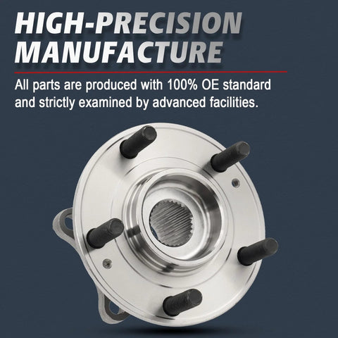 Drop In Front And Rear Wheel Bearing And Hub Assembly For 2007 2014 Hyundai Santa Fe 2013 2014 Santa Fe Sport 2007 2012 Veracruz 2011 2015 Kia Sorento FWD Replacement Kit 512326 513266, showing a metal wheel hub with bolt studs and a central bearing opening, beneath text about high-precision manufacturing and OE standards.