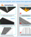 Comparison image of Hustle Free Peel And Stick Hexagon Acoustic Panels Self Adhesive Sound Deadening Foam Tiles, showing flame retardant features and adhesive backing.
