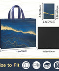 Big 13 Inch Gift Bags With Tissue Paper Two Pack Reusable Non Woven Happy Birthday Gift Bags With Handles For Men And Women Black Blue Great For Parties And Special Occasions featuring size dimensions with blue design on front.