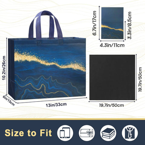 Big 13 Inch Gift Bags With Tissue Paper Two Pack Reusable Non Woven Happy Birthday Gift Bags With Handles For Men And Women Black Blue Great For Parties And Special Occasions featuring size dimensions with blue design on front.