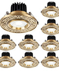 Rock Solid 9 Pack Recessed Lighting Trim Kits Premium Brass Finish Dimmable LED Ceiling Panels displayed with intricate design.