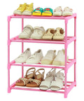 4 Tier Free Standing Shoe Rack For 6 To 8 Pairs Lightweight Stackable Organizer For Entryway Doorway And Closet Kid Friendly Pink Space Saving Solution For Small Spaces. Four-tier pink shoe rack with multiple shoes placed on each tier.