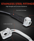 Close-up of front right passenger side brake hydraulic hose plug and play direct fit replacement for Buick Rainier and more, showing stainless steel fittings and rubber hose.