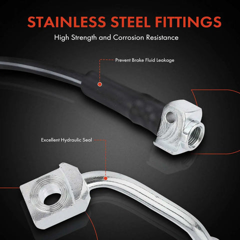 Close-up of front right passenger side brake hydraulic hose plug and play direct fit replacement for Buick Rainier and more, showing stainless steel fittings and rubber hose.