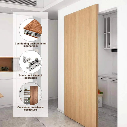 Concealed Sliding Barn Door Hardware Kit With Soft Close For 24 To 28 Inch Passage Openings installed in modern kitchen