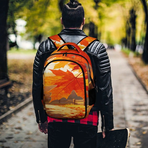 Warm Fall Maple Landscape Backpack For Men And Women, unisex large capacity daypack in polyester, autumn design on back